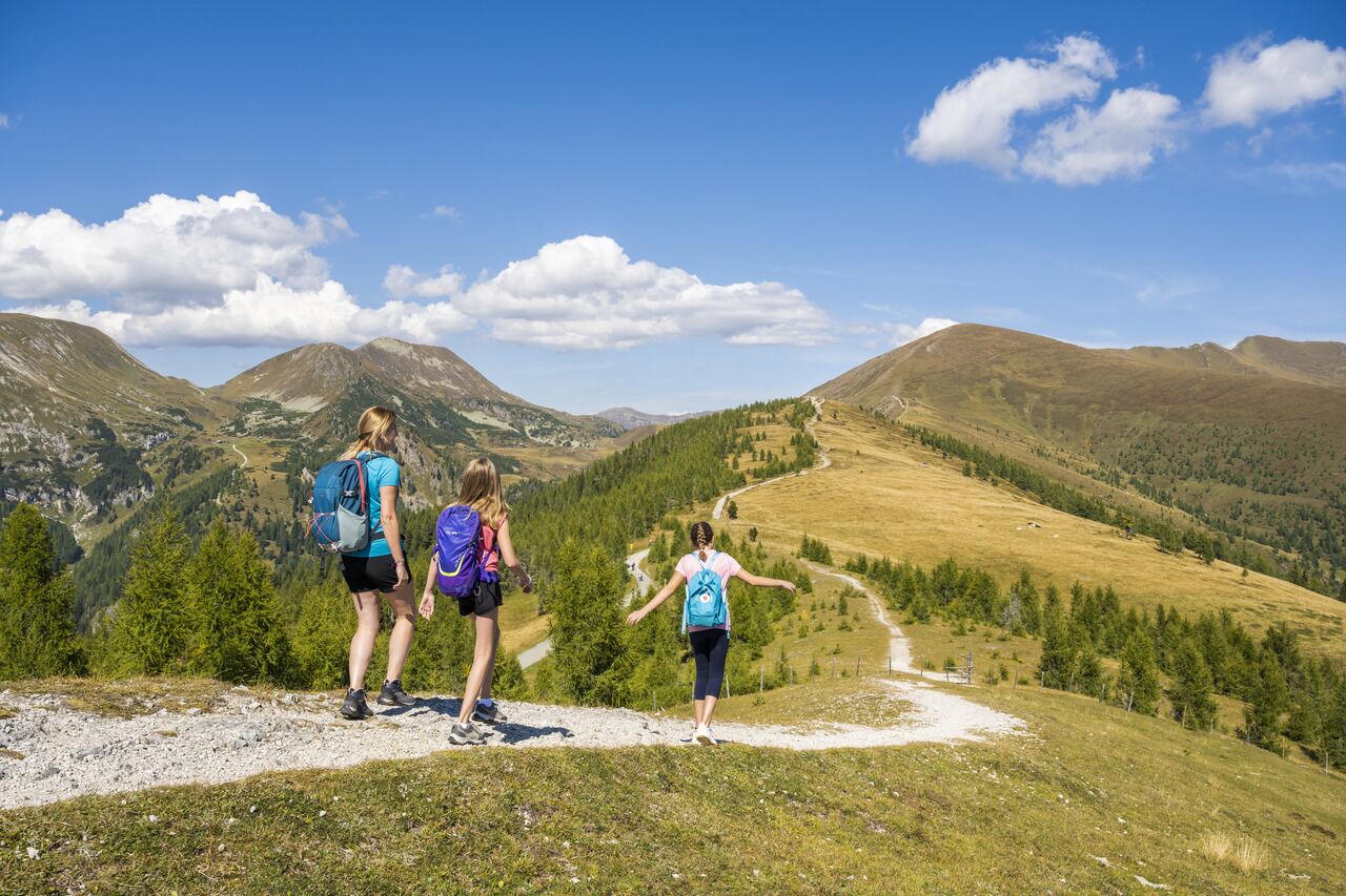 Tre escursionisti si godono la vista delle pittoresche montagne dei Nockberge sotto un cielo limpido.