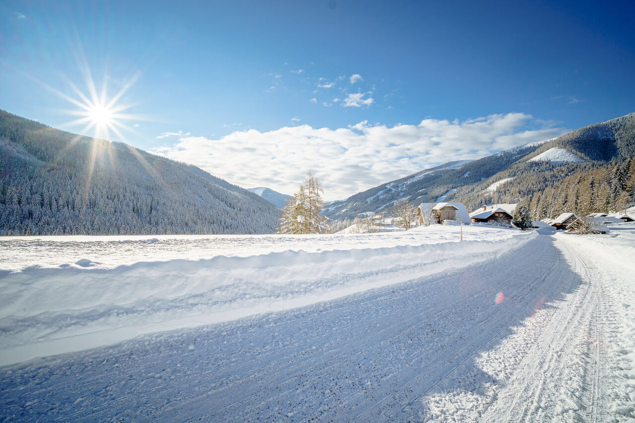 Schneebedeckte Landschaft mit strahlendem Sonnenschein und verschneiten Hütten im Hintergrund.