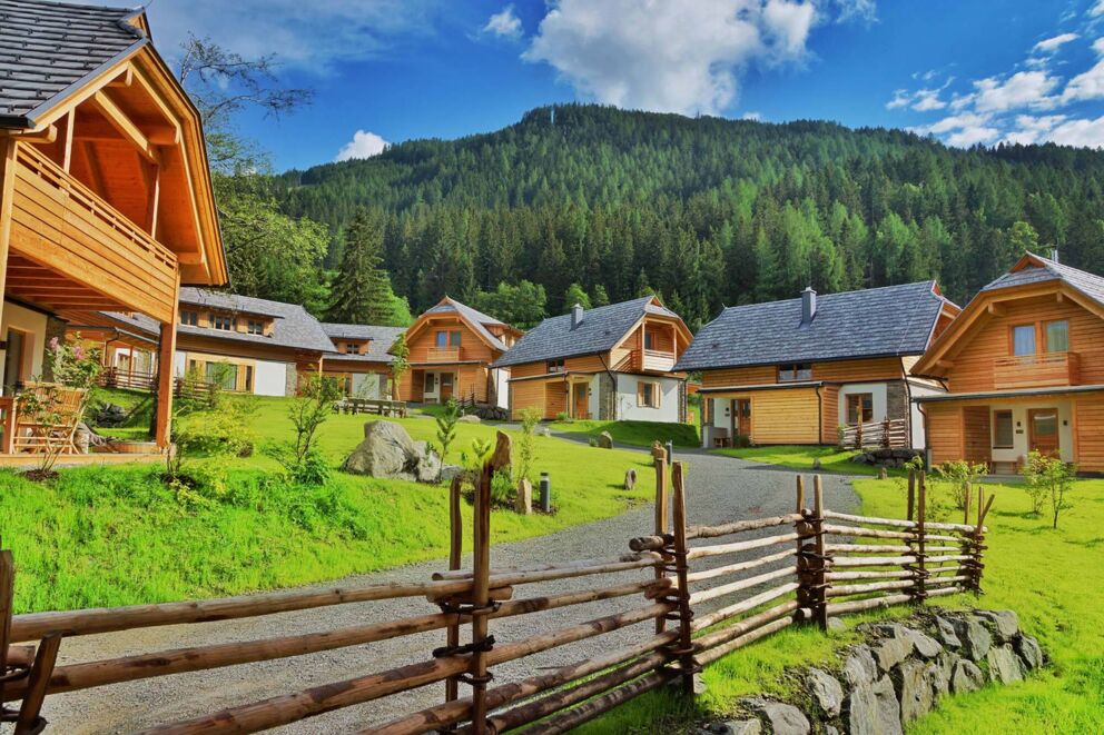 Charming wooden chalets with a mountain backdrop and lush greenery in Carinthia.