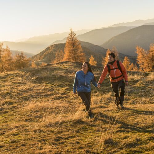 Couple walks hand in hand through the golden fall landscape of the Nockberge mountains.