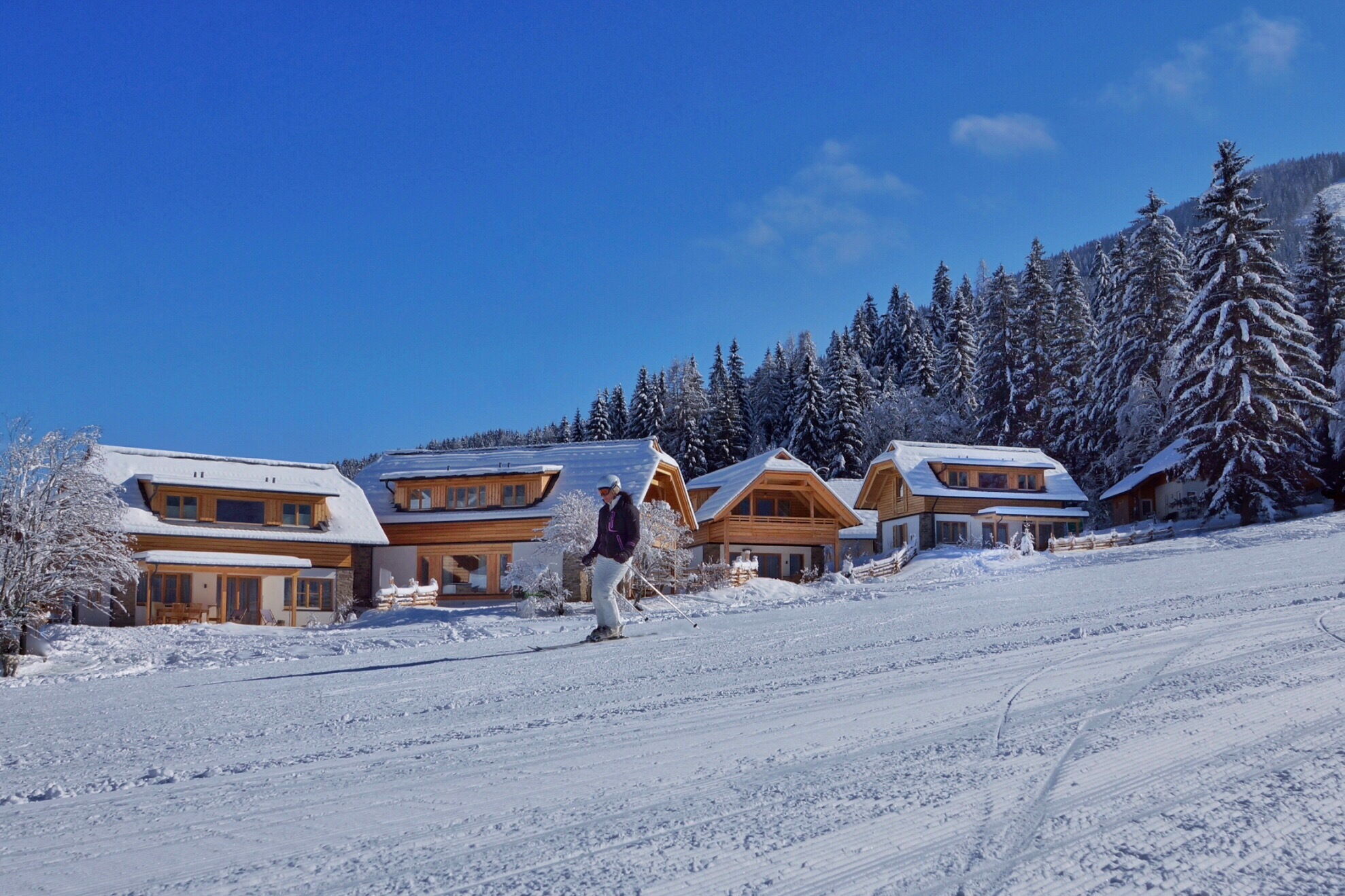 Verschneite Chalets in malerischer Winterlandschaft, umgeben von schneebedeckten Bäumen und Bergen.