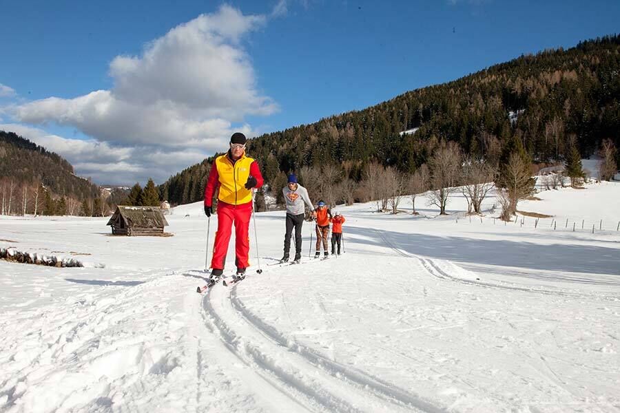 Cross-country skiers on a sunny snow track, surrounded by picturesque forests and mountains.