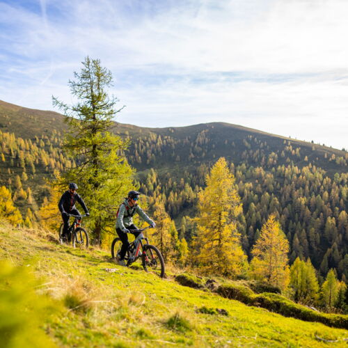Zwei Radfahrer genießen die herbstliche Landschaft der Nockberge bei sonnigem Wetter.
