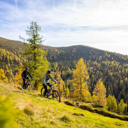 Zwei Radfahrer genießen die herbstliche Landschaft der Nockberge bei sonnigem Wetter.