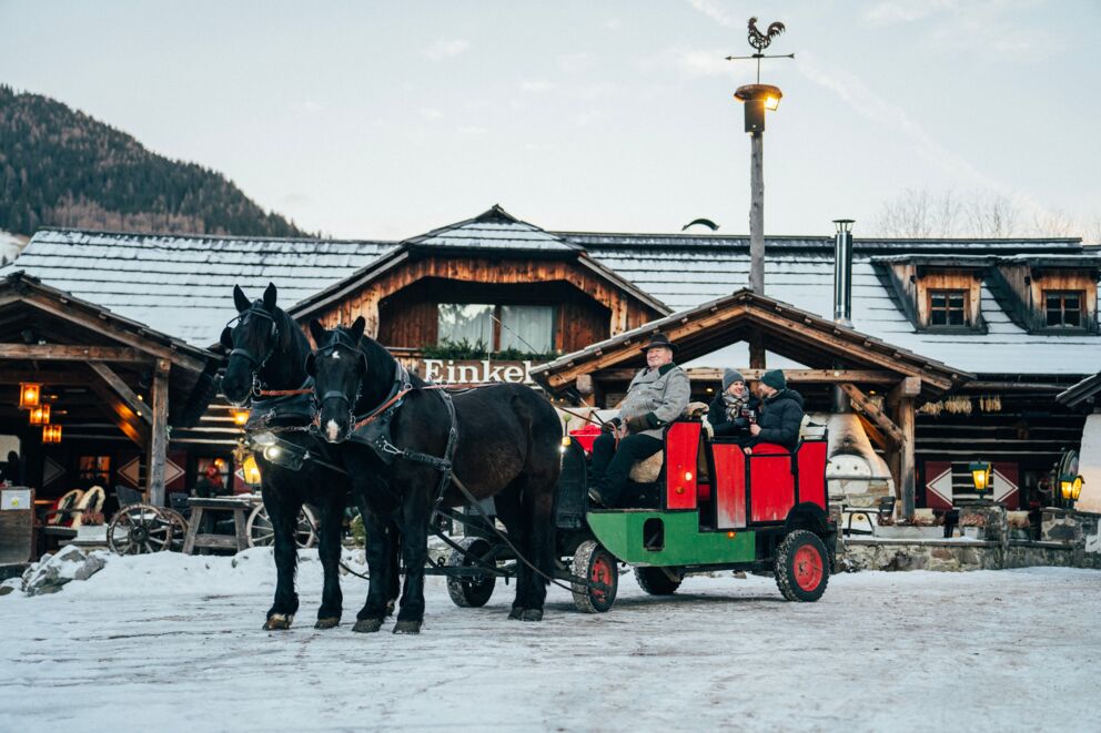 Kutsche vor rustikalem Chalet mit schneebedeckten Dächern und zwei Pferden davor.