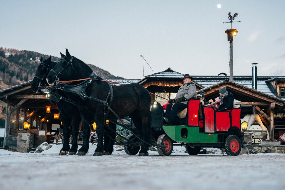 Horse-drawn sleigh with guests in front of a rustic hut and snow-covered background.