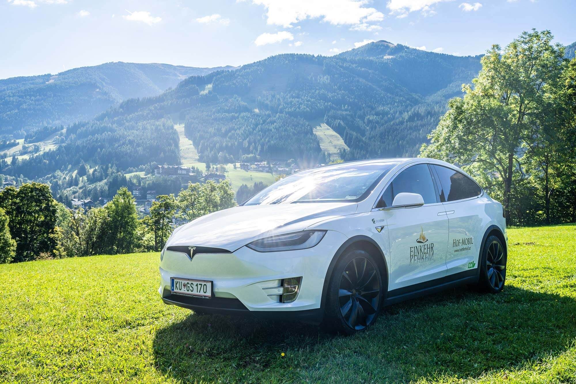 White electric car parked on a green meadow in front of a picturesque mountain panorama.