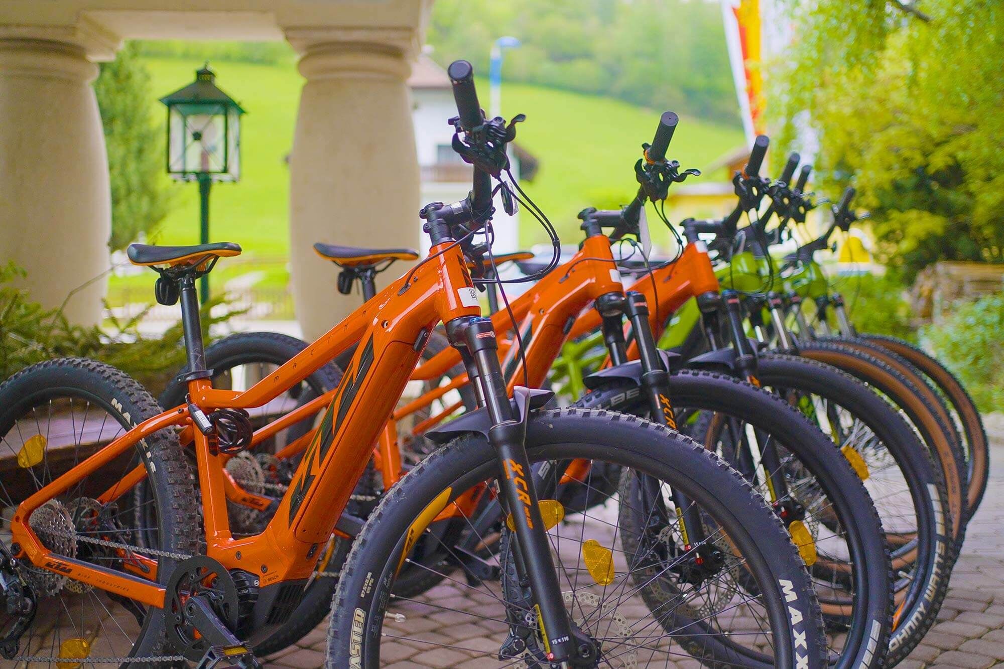 Row of orange e-bikes in picturesque Carinthian surroundings.