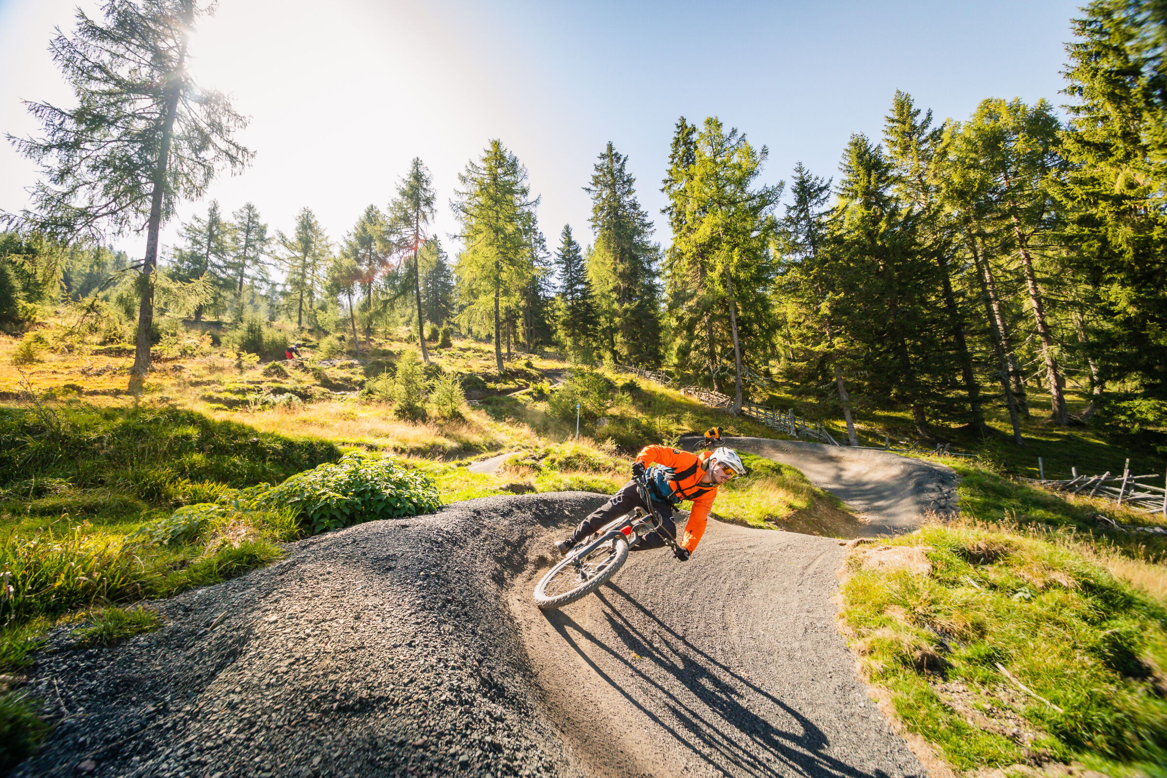 Radfahrer in oranger Kleidung auf einer aufregenden Waldstrecke unter sonnigem Himmel.
