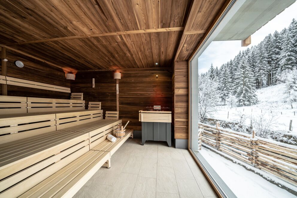 Sauna mit Holzbänken, Panoramafenster zeigt verschneiten Wald und Berge