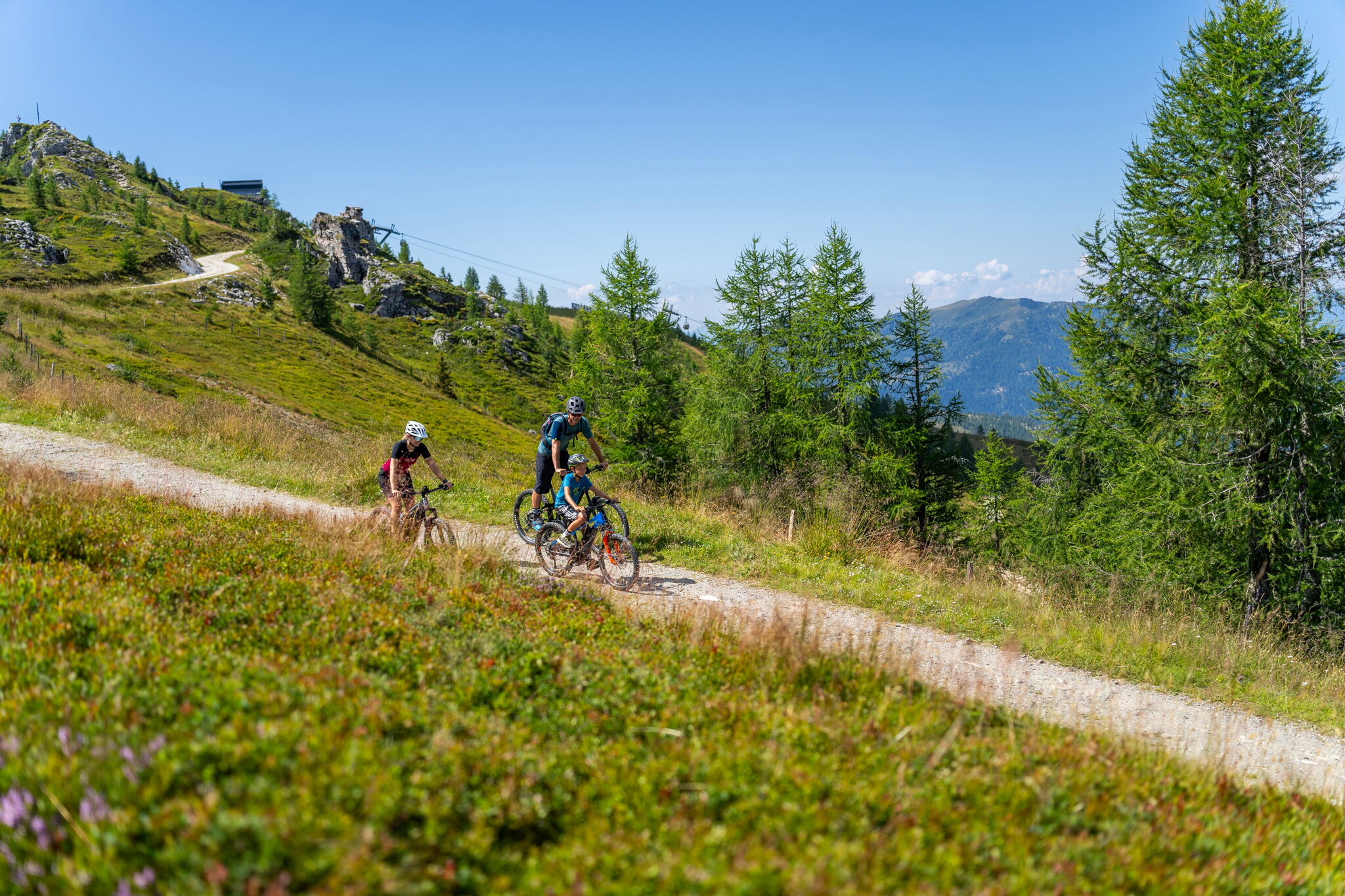 Family cycling on a sunny path through the green hills of the Nockberge.