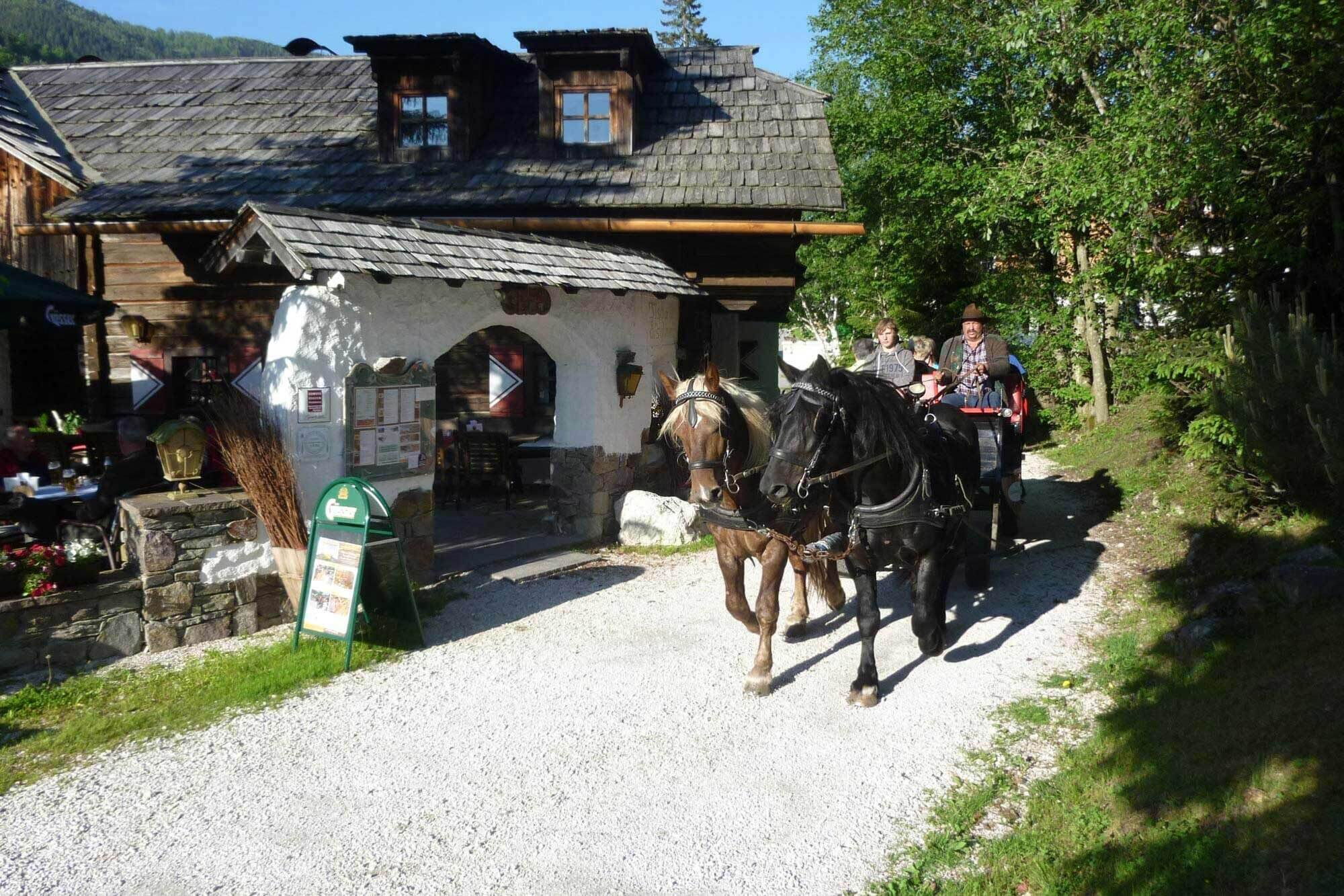 Due cavalli trainano una carrozza davanti a un accogliente chalet in campagna.