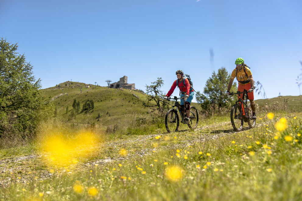 Zwei Radfahrer auf sonnigem Wiesenweg in den Kärntner Bergen