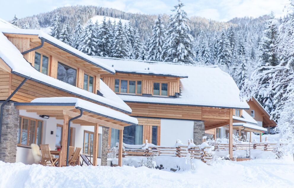 Verschneite Chalets umgeben von schneebedeckten Bäumen und Bergen in Kärnten.
