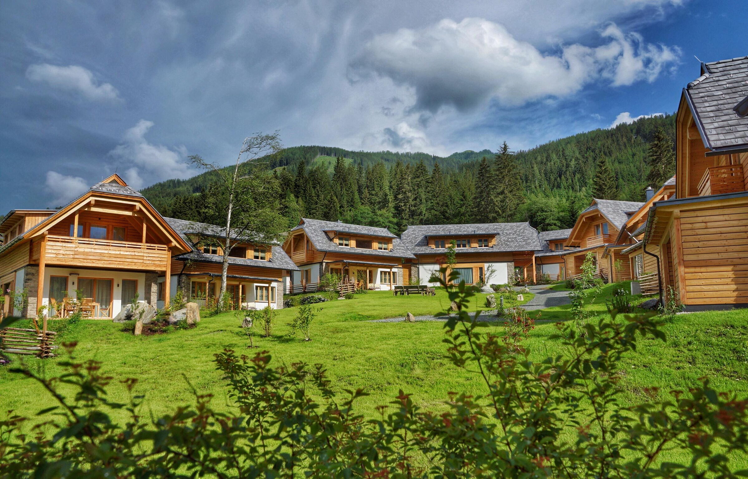 Pittoreschi chalet in legno circondati da prati verdi e colline boscose.
